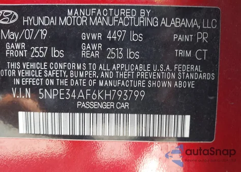 2019 Hyundai Sonata Sport из США, поврежденный, VIN 5NPE34AF6KH793799